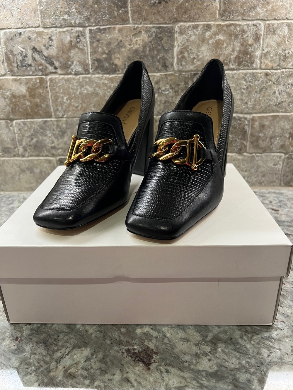 Gibson Latimer Black Leather Block Heel Loafers with Gold Chain